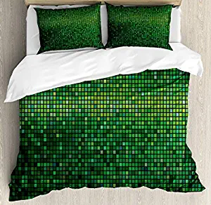 Queen Size Green 4 Piece Bedding Set Duvet Cover Set, Abstract Vibrant Square Pixel Mosaic Design Geometric Technology Theme Digital Grid Print, Comforter Cover Bedspread Pillow Cases with Zipper