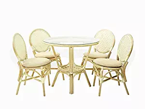 5 Pc Rattan Wicker Dining Set Round Table Glass Top+ 4 Denver Side Chairs. White Wash