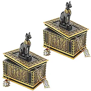 Design Toscano Royal Bastet Cat Goddess Egyptian Jewelry Box Statue, 6 Inch, Set of Two, Polyresin, Black and Gold