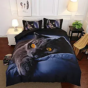 Erosebridal Cartoon Black Cat Twin 3D Bedding Set for Kids Navy Animal Printed Duvet Cover Set Cute Decorative 3 Pieces Teens Girls Boys Comforter Cover Child Pet Pattern Quilt Cover Bedroom Decor