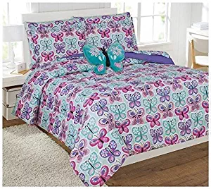 Elegant Home Butterflies Floral Multicolor Blue White Pink Design 8 Piece Comforter Bedding Set for Girls/Kids Bed in a Bag with Sheet Set & Decorative Toy Pillow # Butterfly Blue 2 (Full Size)