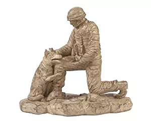 Solid Rock Stoneworks Kneeling Soldier Dog Stone Statue 18in Tall Desert Sand Brown Color
