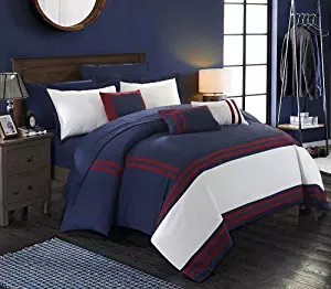 Chic Home Zarah 10 Piece Comforter Set Complete Bed in a Bag Pieced Color Block Banding Bedding with Sheet Set and Decorative Pillows Shams Included, Queen Navy