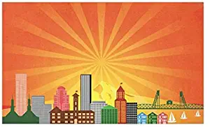 Lunarable Oregon Doormat, City of Portland Landmarks Hawthrone Bridge and Architecture with Sunburst Backdrop, Decorative Polyester Floor Mat with Non-Skid Backing, 30" X 18", Orange Green