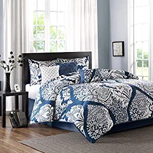 Madison Park Vienna King Size Bed Comforter Set Bed in A Bag - Indigo Blue, Damask – 7 Pieces Bedding Sets – Cotton Bedroom Comforters