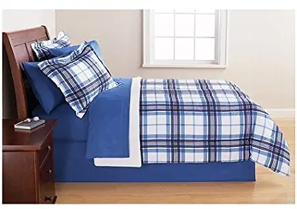 Bedding Set Complete 6pc Boy Blue Plaid College Dorm Reversible Full Comforter and Bedding Set