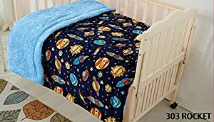 MB Collections Kids Soft & Warm Sherpa Baby Toddler Boy Blanket Space Star Rocket Multicolor Navy Blue Printed Borrego Stroller or Toddler Bed Blanket Plush Throw 40X50# Rocket