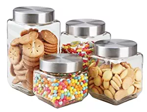 Home Basics 4 Piece Square Glass Canisters with Stainless Steel Airtight Screw On Lid