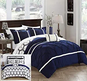 Chic Home 4 Piece Marcia Pinch Pleated Ruffled and Reversible Geometric Design Printed King Comforter Set Navy