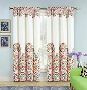 Sarah Curtains Paisley Damask Print Bohemian Style Room Darkening Window Panel Set for Living, Dining, Bedroom (Turquoise & Tangerine, 84” x 52”,)