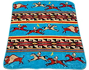 Mission Del Rey Plush Southwestern Designer Native Ledger Art Blanket Queen 79"x92" -Turquoise