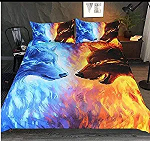 ENCOFT ice and fire Wolf Print 3D Comforter Bedding Sets 3 Pieces,Tencel Cotton Wolf Kids Comforter Sets with 2 Pillowcases