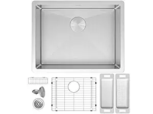 ZUHNE Modena 23 x 18 Inch Single Bowl Under Mount 16 Gauge Stainless Steel Kitchen Sink W. Grate Protector, Drain Strainer and Mounting Clips, Fits 27" Cabinet