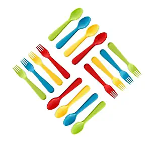 Plaskidy Plastic Toddler Utensils Set 8 Kids Forks and 8 Kids Spoons - BPA Free/Dishwasher Safe Toddler Silverware Brightly Colored Kid Plastic Cutlery Set, Great for Kids and Toddlers Utensils