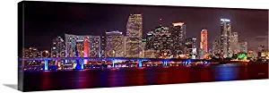 CANVAS Miami Skyline NIGHT 16 inches x 46 inches COLOR City Downtown Photographic Panorama Print Photo Picture