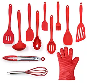 Utensils Set, 12-Piece Complete Silicone Baking & Cooking Kitchen Tools Set, Cookware Set, Kitchen Gadgets - Red - Utensilios de Cocinas