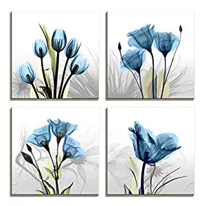 Moyedecor Art - 4 Panel Elegant Tulip Flower Canvas Print Wall Art Painting For Living Room Decor And Modern Home Decorations (Four 12X12in, Blue flower prints framed)