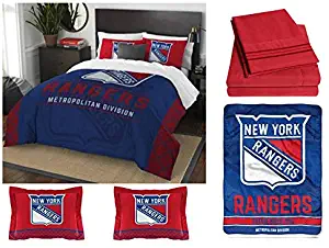 Northwest New York Rangers Draft Queen Bedding Set - Includes Comforter, 2 Shams, Flat Sheet, Fitted Sheet, 2 Pillowcase and Throw