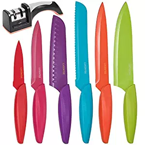 Stainless Steel Kitchen Knife Set – 13 Piece - BONUS Sharpener - 6 Knives - Chef, Bread, Carving, Paring, Utility and Santoku Knife - Cutlery Sets - Multicolor by Lucentee