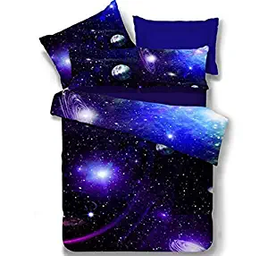 LOUHO Galaxy Bedding Sets Interstellar Polyester Kids Bedding 4 Pieces,1 Duvet Cover,1 Flat Sheet,2 Pillowcases, No Comforter (Extra Long Twin, Blue Sky)