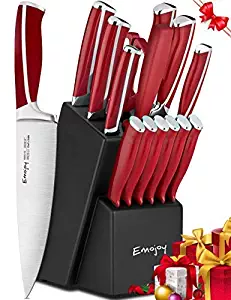 Knife Set, 15-Piece Kitchen Knife Set with Block, ABS Handle for Chef Knife Set, German Stainless Steel, Emojoy (Red).