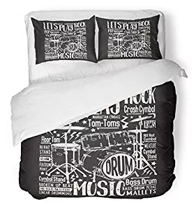 Emvency 3 Piece Duvet Cover Set Breathable Brushed Microfiber Fabric Vintage Music Rock Drums Tee Graphics Drummer Text Sign Silhouette Pop Bass Black Bedding Set with 2 Pillow Covers Twin Size