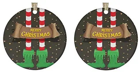 4 bthfiron Round Glossy Ceramic Christmas Ornament（Set of 2 - Christmas Elf Feet Ribbon Xmas Golden Star Customized Ornament for Christmas Tree,Gold String and Gift Box Included，2.875"