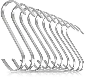 Pro Chef Kitchen Tools Flat Hanging Hooks - Pot Racks S Hook 10 Pack Set - Hang Display Jewelry - Metal Utility Hooks for Outdoor Storage Organization - Butcher Meat Hangers for Bacon Sausage Smokers