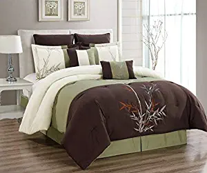 Masterplay 8 Piece Oversize Brown/Beige/Sage Green Tropical Bamboo Tree Embroidered Luxury Comforter Set California (Cal) King Size Bedding 106"X94"