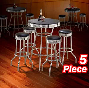 5pc Black Wood Bar Table & Commercial Restaurant Chrome Black Swivel Barstool Set 29"