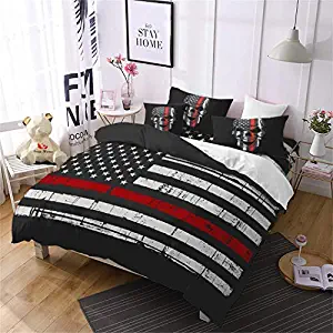 Jessy Home American Flag Duvet Cover 3PC Queen Size Fourth of July Independence Day Theme Decor USA Bedding Retro Red Stripes USA Flag Quilt Cover with 2 Skull Pillow Cover Red and Black