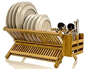 Intriom Bamboo Folding 2-Tier Collapsible Drainer Dish Drying Rack With Utensils Flatware Holder Set (Dish Rack)