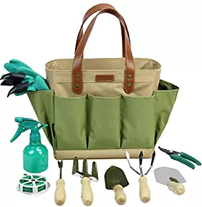 INNO STAGE Garden Tool Organizer Tote Bag with 10 Piece Garden Tools,Best Gardening Gift Set,Vegetable Garden Tool Kit,Gardening Hand Tools Set Bag with Garden Digging Claw Gardening Gloves