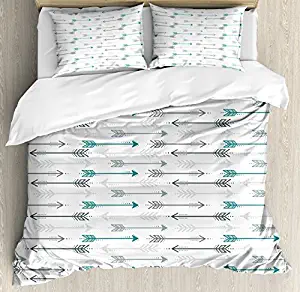 wanxinfu Teal 3 Piece Bedding Set Duvet Cover Set Full Size, Retro Arrow Pattern in Horizontal Line Heading to Opposite Directions Artwork, 3 Pcs Comforter Cover Set with 2 Pillow Cases