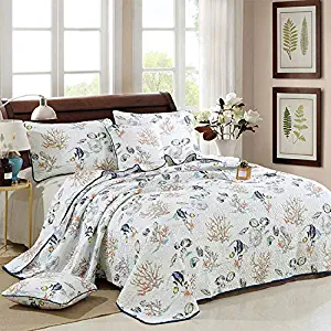 Brandream Coastal Bedding Set Queen Size Beach Theme Bedding Seashells Quilt Set Cotton(1 Quilt + 2 Pillow Shams)