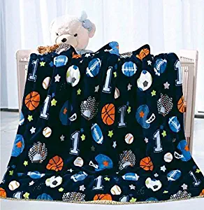 Elegant Home Kids Soft & Warm Sherpa Baby Toddler Boy Sherpa Blanket Navy Blue Sports Basketball Soccer Baseball Football Multicolor Printed Borrego Stroller or Toddler Bed Blanket Plush Throw 40X50