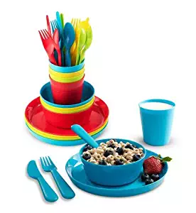 Plastic Dinnerware Set of 4 By Plaskidy - 24 piece Kids dishes Set Includes, Kids Cups, Kids Plates, Kids Bowls, Flatware Set, Kids dinnerware set is Reusable, Microwave - Dishwasher Safe, BPA Free.