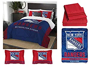 Northwest NHL New York Rangers Draft Full Bedding Set - Includes Comforter, 2 Shams, Flat Sheet, Fitted Sheet, 2 Pillowcase and Throw