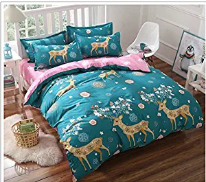 KFZ Woodland Deer Floral Blue Bed Set Bedding Set (Twin Set Size) [3 Pieces: Duvet Cover, Flat Sheet, Pillow Case] No Comforter [Softest Microfiber] Blue, Elk Woodland - Modern Design Sheet Sets