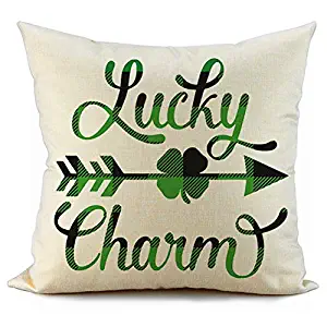 FIBEROMANCE St Patricks Day Pillow Cover 18x18 Green and Black Buffalo Check Plaid Lucky Charm and Clover Arrow Happy St Patricks Day Decorations Lucky Decorative Cushion Case Spring Home Decor F112