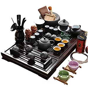 ufengke Chinese Ceramic Kung Fu Tea Set With Wooden Tea Tray And Small Tea Tools, Tea Service, Toy Tea Set For Gift, Office Home Use, White And Black