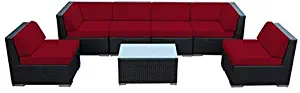 Ohana 7-Piece Outdoor Patio Furniture Sectional Conversation Set, Black Wicker with Sunbrella Jockey Red Cushions - No Assembly with Free Patio Cover