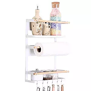 Kitchen Rack - Magnetic Fridge Organizer - 18.1x12.7x5 INCH - Paper Towel Holder, Rustproof Spice Jars Rack, Heavy-duty Refrigerator Shelf Storage Including 6 Removable Hooks (WHITE) - 2018 New Design