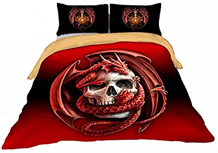 Erosebridal Skull Printed Bedding Duvet Cover for Teen Children Red King Size Quilt Cover Dargon with Scary Skull Comforter Cover Cartoon Dargon Animal Print Pattern Bedspread Cover