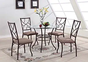 King's Brand 5 Pc. Set Brand Round Glass & Metal Dining Room Kitchen Table and 4 Chairs