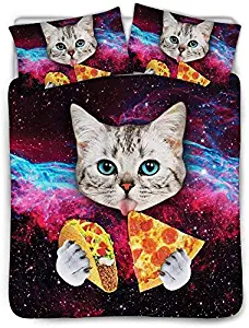 Galaxy Cat Bedding Twin for Girls Boys Cute Colorful Cat Print Duvet Cover Galaxy Funky Food Design Comforter Cover Funny Home Universe Pizza Decor Bedding Quilt with Pillowcases,Zipper,Ties