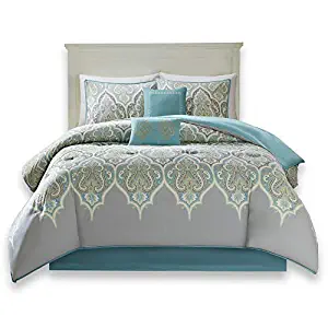 Comfort Spaces Mona 100% Cotton Printed Paisley Design 6 Piece Comforter Set Bedding, King, Teal & Grey