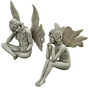 Design Toscano The Secret Garden Fairy Statues, 11 Inch, Set of Two Gazing and Pondering, Polyresin, Antique Stone