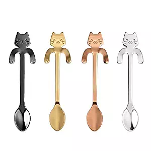 Feb.7 4PCS Stainless Steel Mini Cat Kitten Design Stainless Steel Coffee/Tea/Dessert/Drink/Mixing/Milkshake Spoon Tableware Flatware Gadgets