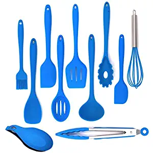 Shpebs 11 Pcs Silicone Heat Resistant Kitchen Cooking Utensils set Non-Stick Baking Tool, Spatulas, Serving Tong, spoon and more (blue)